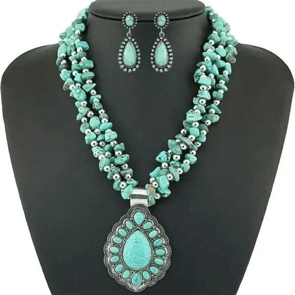 Silver Turquoise Western Tear Drop Pendant Necklace & Earring Set - Picture 1 of 7